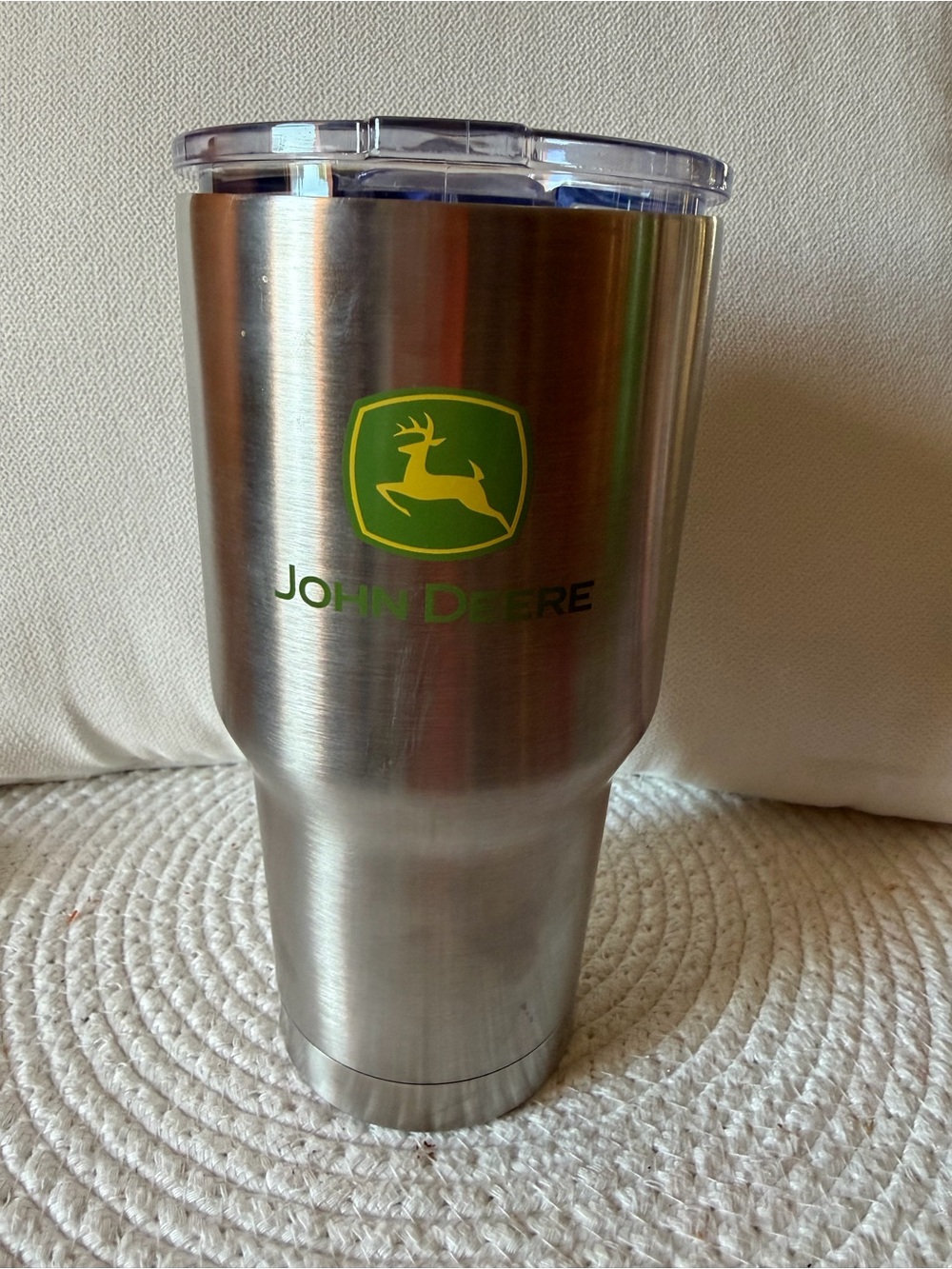 John Deere 28 oz Silver Tumbler with Green and Yellow Logo